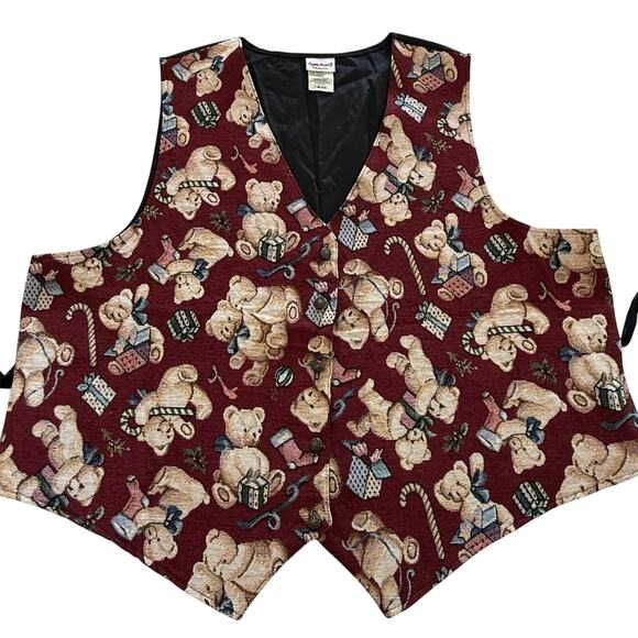 Bobbie Brooks Woman Christmas Teddy Bear Vest β Burgundy Tapestry Holiday Print - Picture 1 of 13